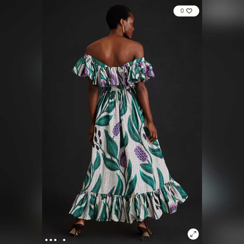 Sika Anthropologie Off-the-Shoulder Printed Maxi Dress Gree, Purple & White Sz 2 - Picture 5 of 16